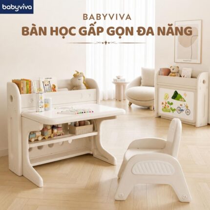 Bộ bàn học cho bé babyviva xếp gọn được, kết hợp vẽ bảng cho bé có kèm ghế