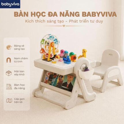 Bộ bàn học kết hợp bàn chơi khối xếp gấp gọn đa năng babyviva (có kèm ghế)